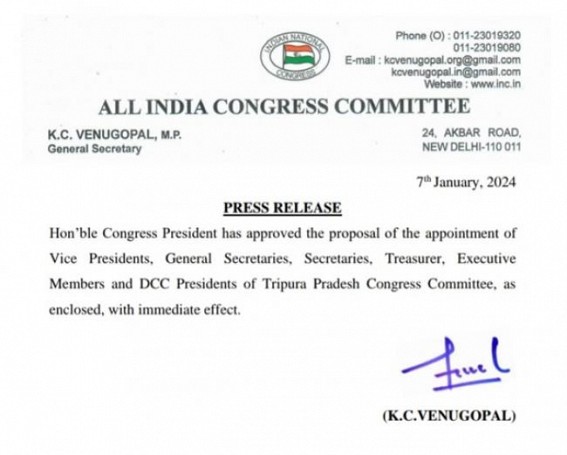 Tripura Congress declares New Committee list Tripura Congress declares New Committee list